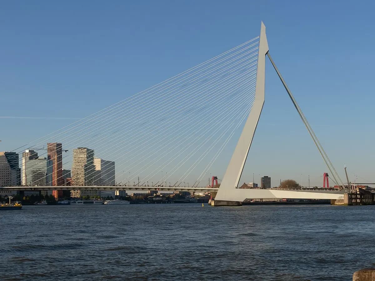 Rotterdam: een witte tuibrug met asymmetrische pyloon over de Maas