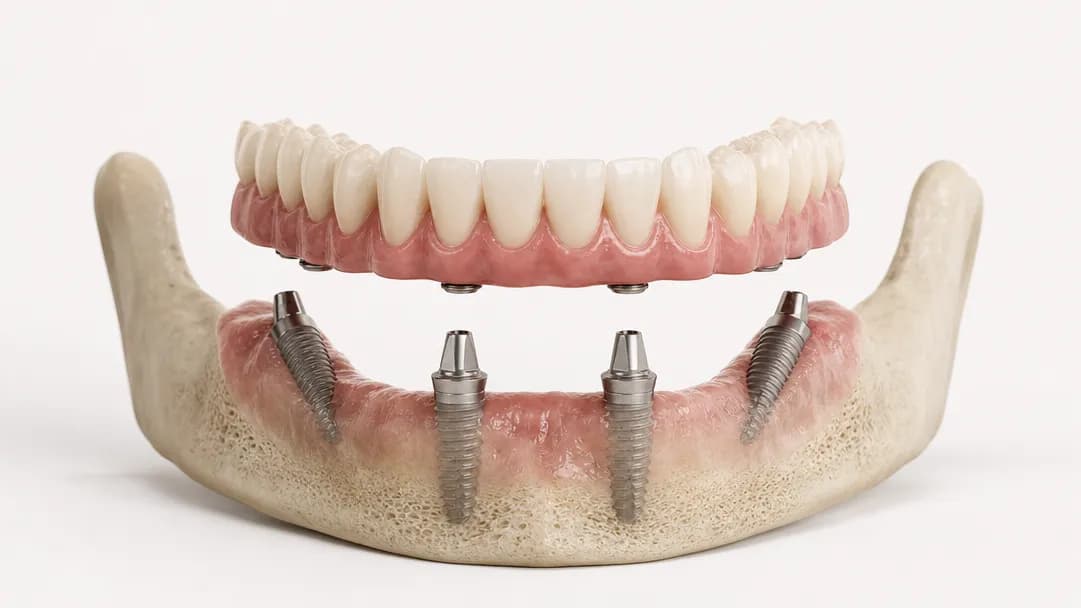 Een onderkaak met vier implantaten — twee rechtop vooraan, twee naar achteren gekanteld — met daarboven een volledige brug die erop past