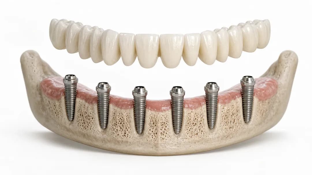 Een onderkaak met zes gelijkmatig verdeelde, rechtop geplaatste implantaten en daarboven een volledige brug die erop past