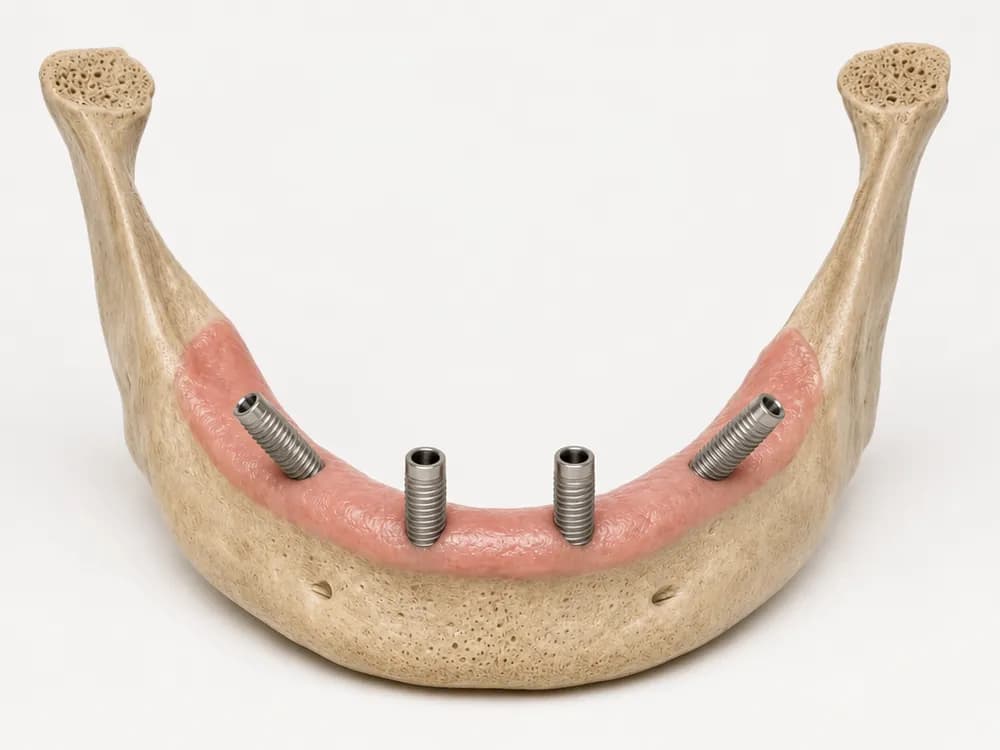 Dezelfde kaak met vier geplaatste implantaten, twee rechtop vooraan en twee naar achteren gekanteld