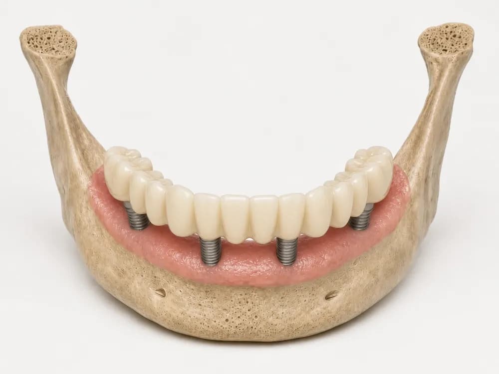 Een vastgeschroefde tijdelijke brug over de hele kaak, rustend op de vier implantaten