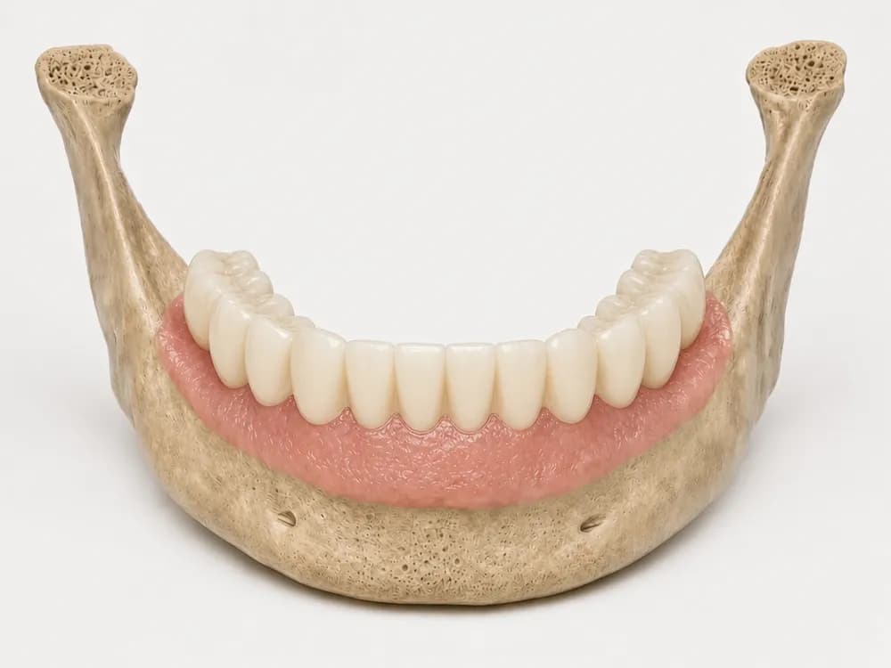 De definitieve geglazuurde keramische brug over de hele kaak, bevestigd op de vier implantaten