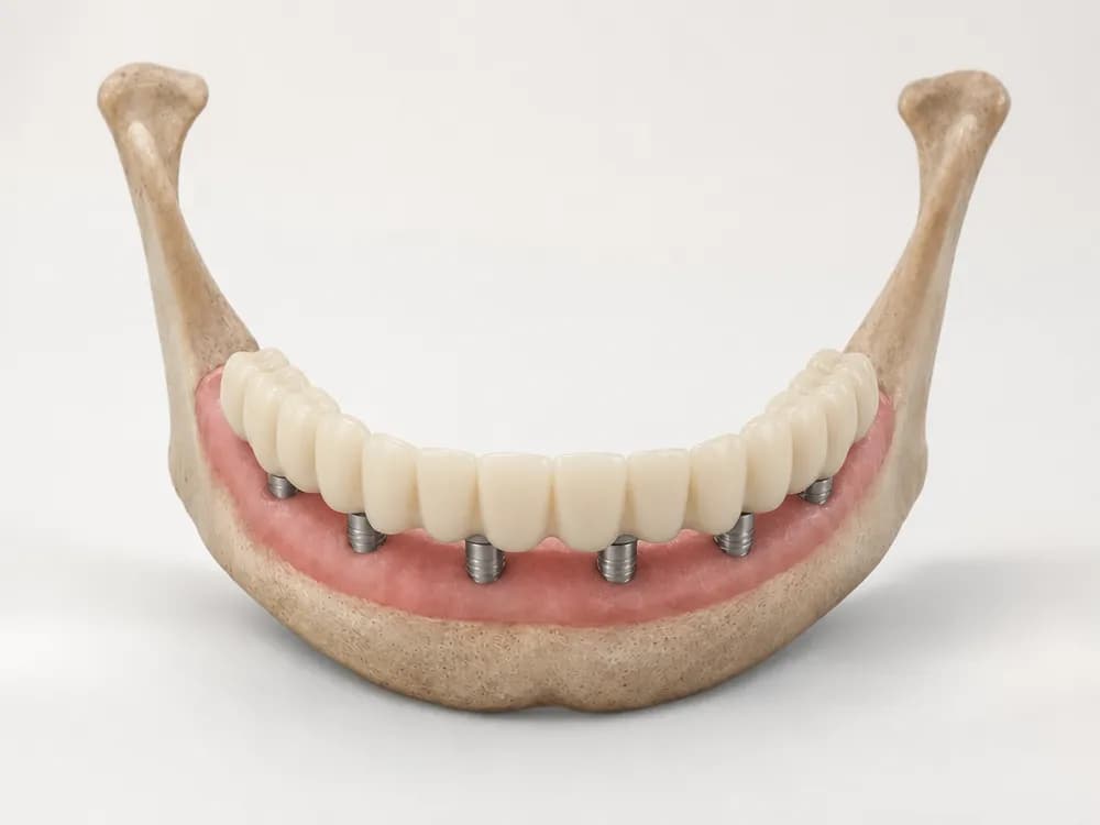 Een vastgeschroefde tijdelijke brug over de hele kaak, rustend op de zes implantaten