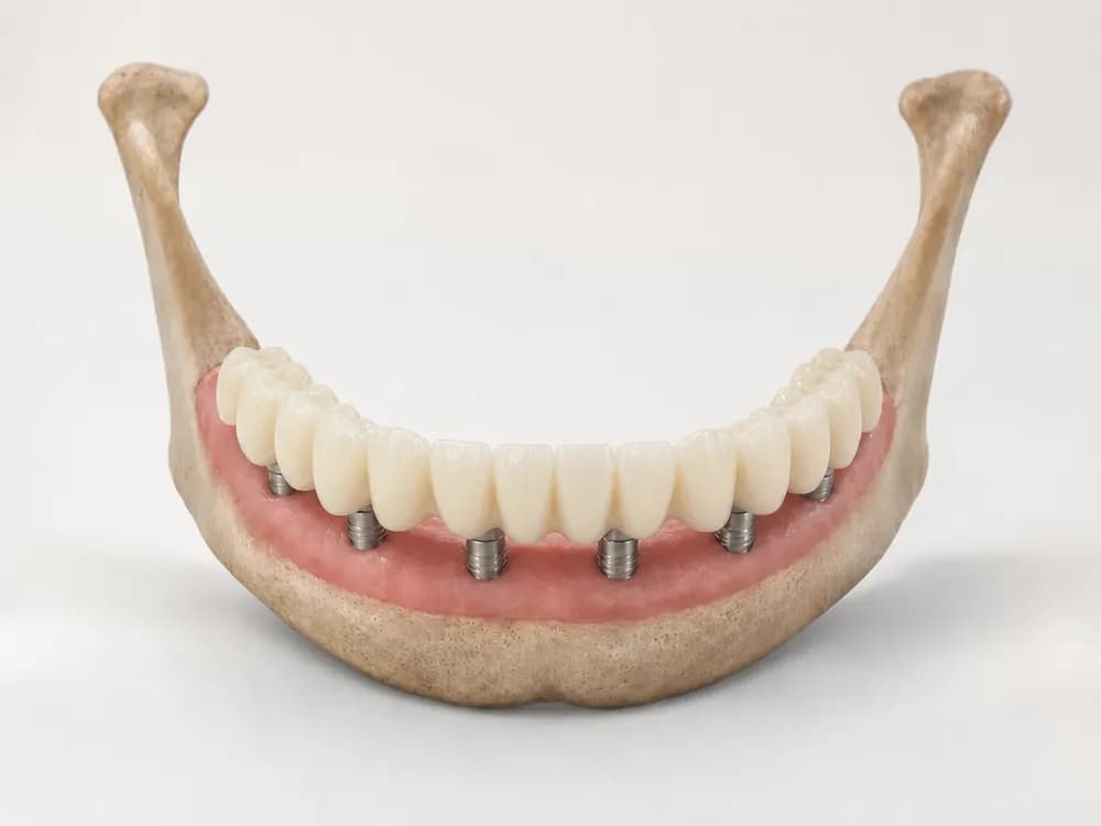 De definitieve geglazuurde keramische brug over de hele kaak, bevestigd op de zes implantaten