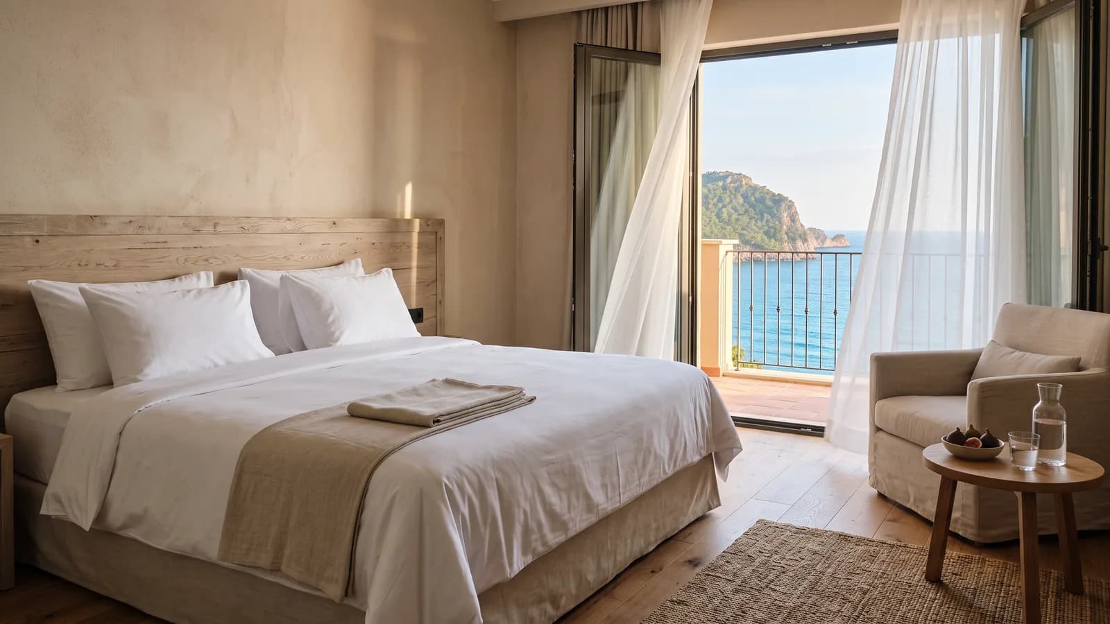 Een rustige hotelkamer met opgemaakt bed, een linnen fauteuil en een open deur naar het balkon met zeezicht