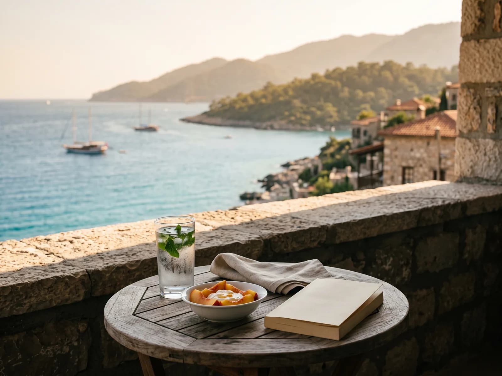 Een schaduwrijke balkontafel met koud water en zacht fruit, met uitzicht op de kust van Antalya