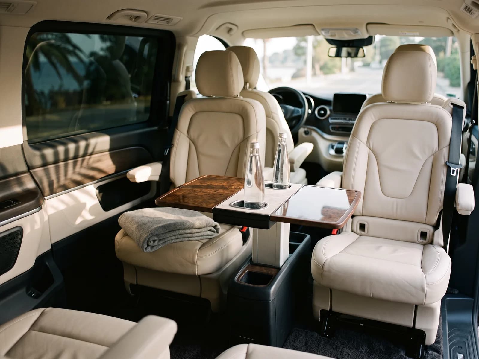 Het interieur van een vervoersbusje: lichte leren stoelen, een klaptafel en flesjes water